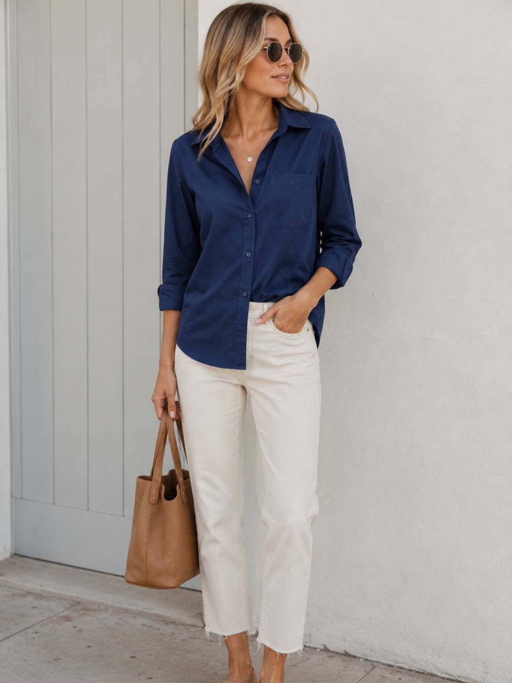 SET Navy Blue Cotton Button Down Shirt Long Sleeve Pocket Top Medium